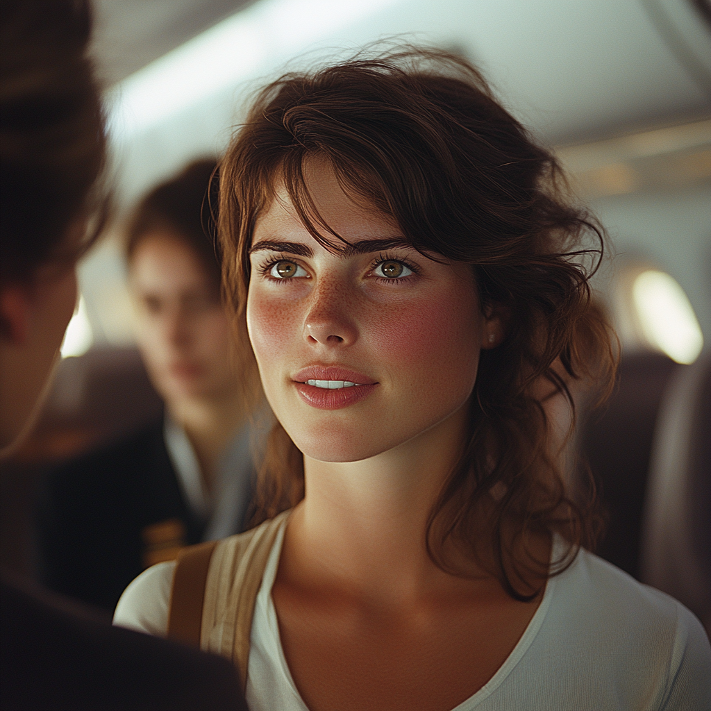 A woman talking to a flight attendant | Source: Midjourney