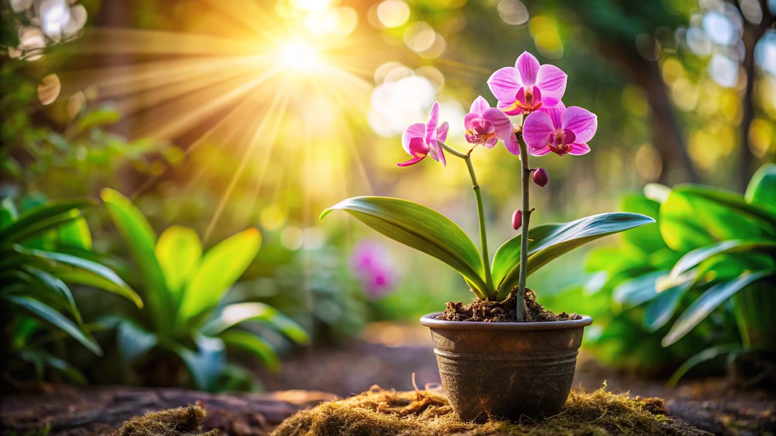 Orquídea recém-replantada em local iluminado, evitando luz solar direta.