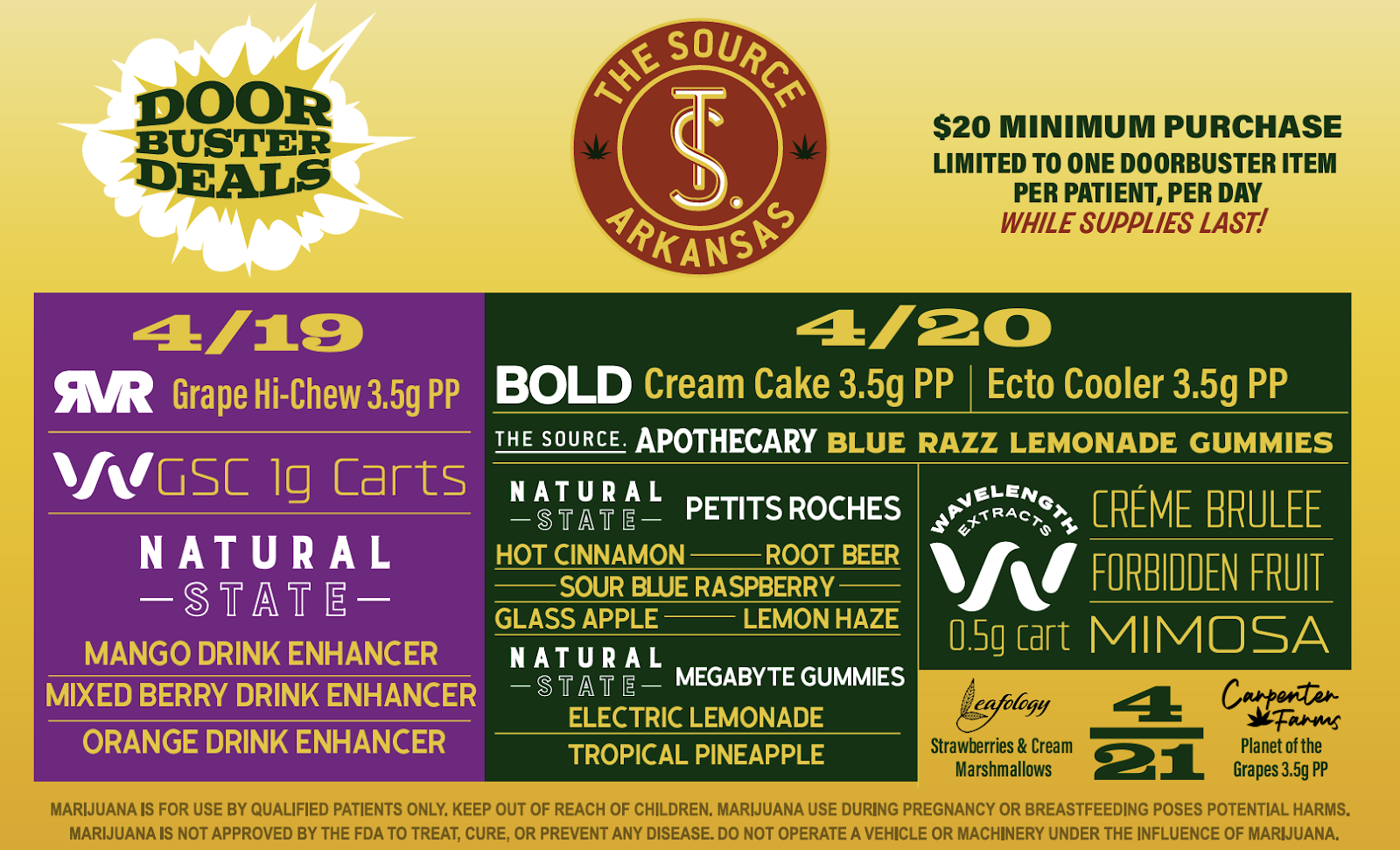 Graphic illustration of doorbuster deals available during 420 Fiesta weekend at The Source Craft Cannabis in Rogers, AR. Doorbuster dals are divided by date and separated by different colors with a yellow gradient background.