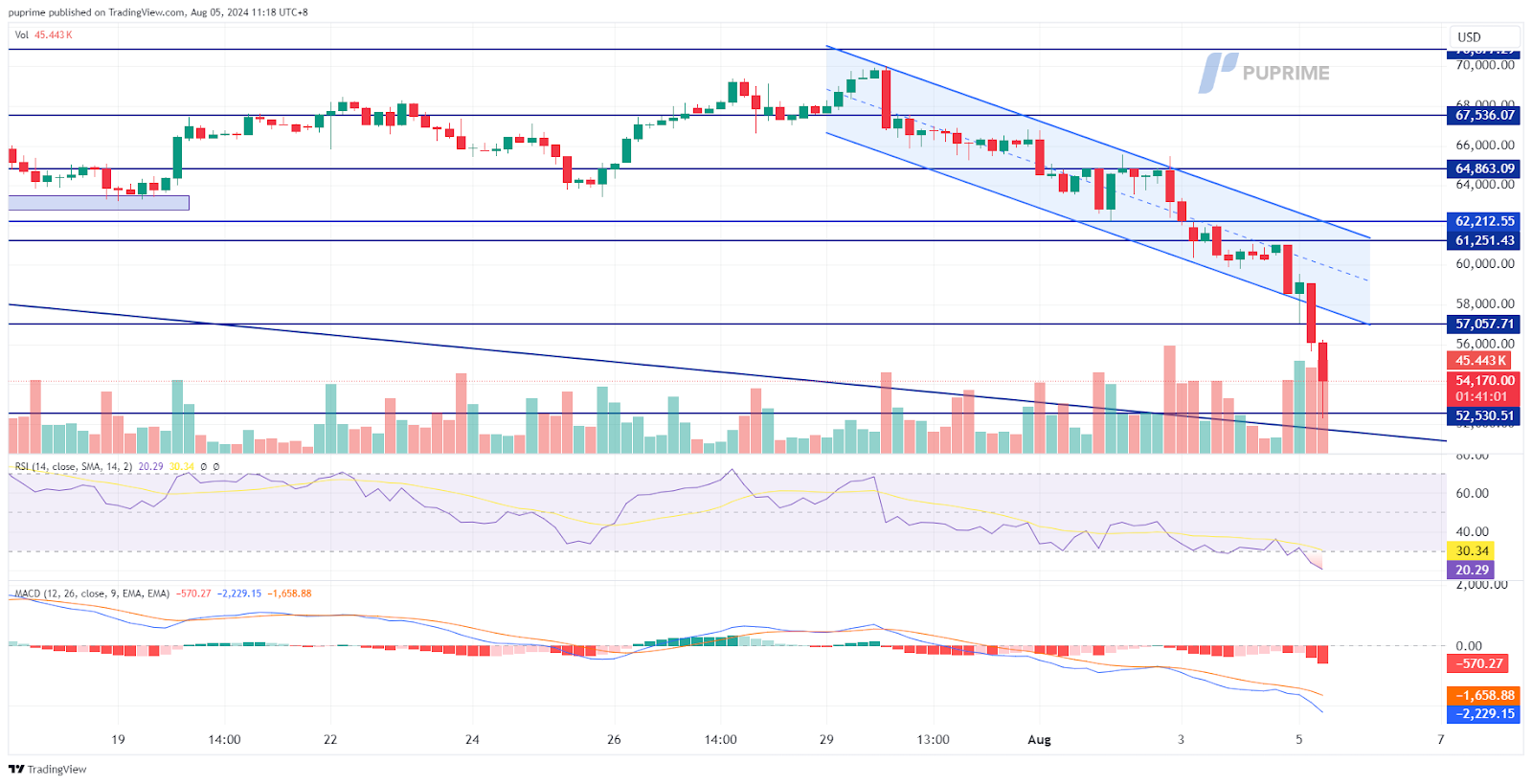 BTC/USD price chart prop trading 5 August 2024