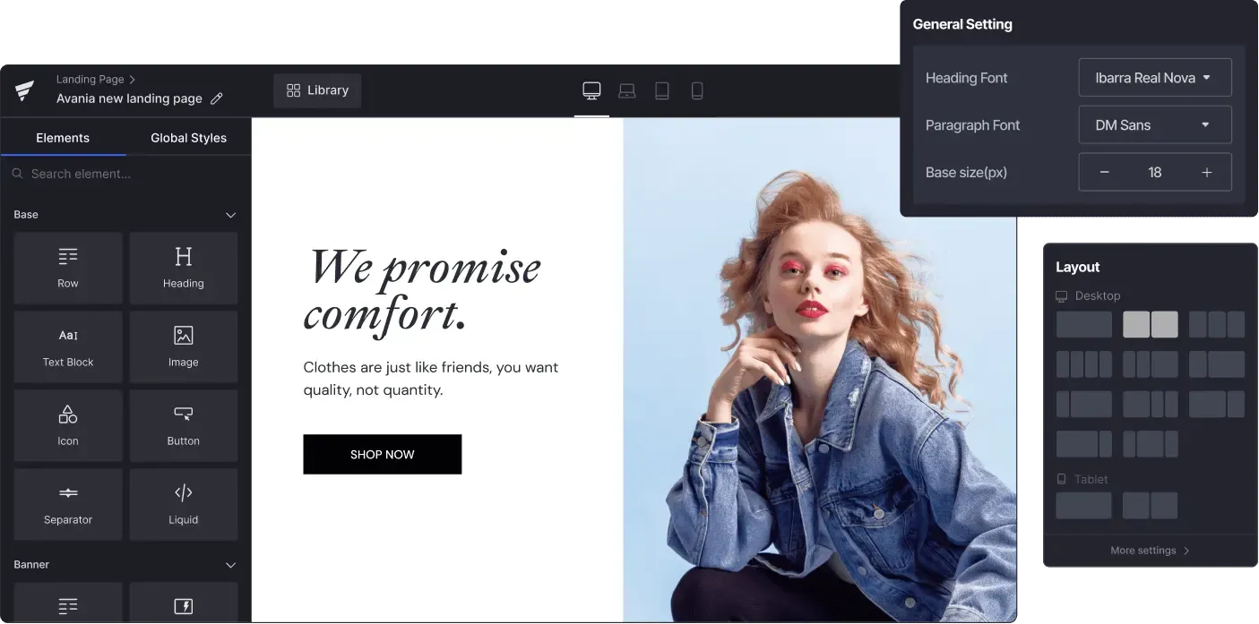 A website with codes, texts, and a hero image of a confident woman