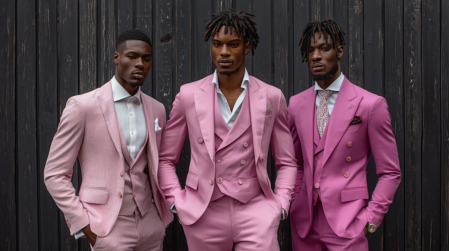 A man styling a pink suit for different events, showcasing versatility in fashion. One side features a light pink suit for a casual daytime gathering or spring wedding, paired with a white shirt and relaxed accessories. The middle shows a medium pink suit for a semi-formal party or business event, styled with a crisp shirt and minimal tie. The other side displays a darker fuchsia or rose pink suit for a formal gala or evening wedding, paired with a sharp white shirt and sophisticated accessories. Photorealistic, detailed, and dynamic, with each look tailored perfectly for its occasion.