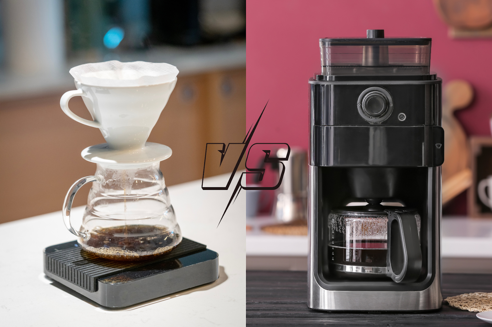 A photo showing v60 vs black coffee machine