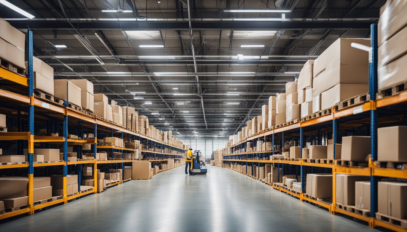 A bustling warehouse with shelves of products, conveyor belts, and workers fulfilling orders for Amazon FBA