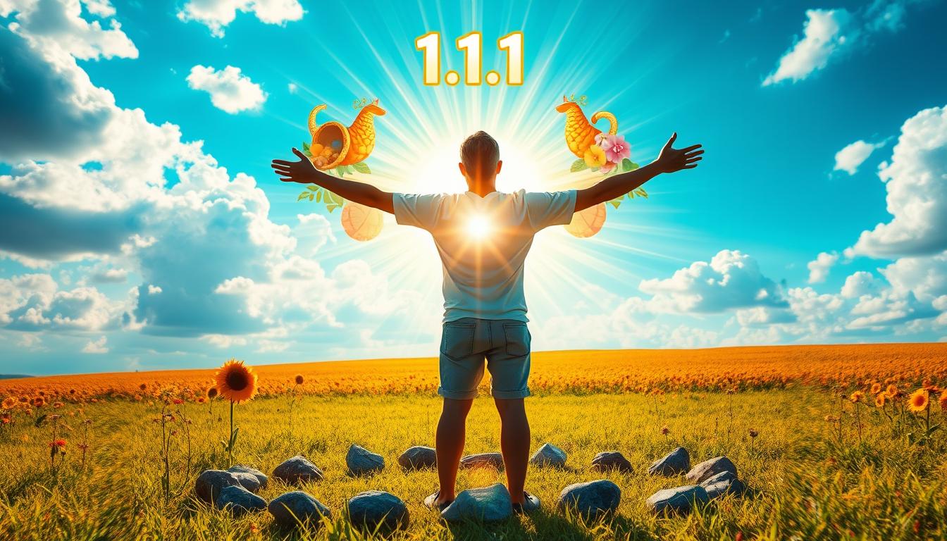 A vivid depiction of a person standing in a vibrant field with their arms open, facing a bright, glowing portal in the sky on 11/11. The portal is surrounded by symbols of abundance, such as overflowing cornucopias and blooming flowers. Rays of light emanate from the portal and envelop the person, symbolizing the manifestation of their dreams. In the foreground, there are stones and crystals arranged in a circle, indicating a sacred space for manifestation. The overall atmosphere should be one of hope, excitement, and spiritual connection.