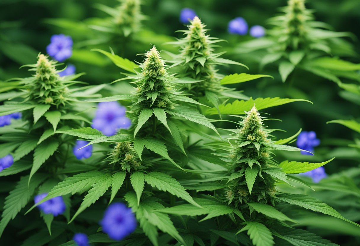 A cannabis plant growing tall and healthy, surrounded by vibrant green leaves and blooming flowers, while a search engine logo hovers above, symbolizing successful SEO strategies