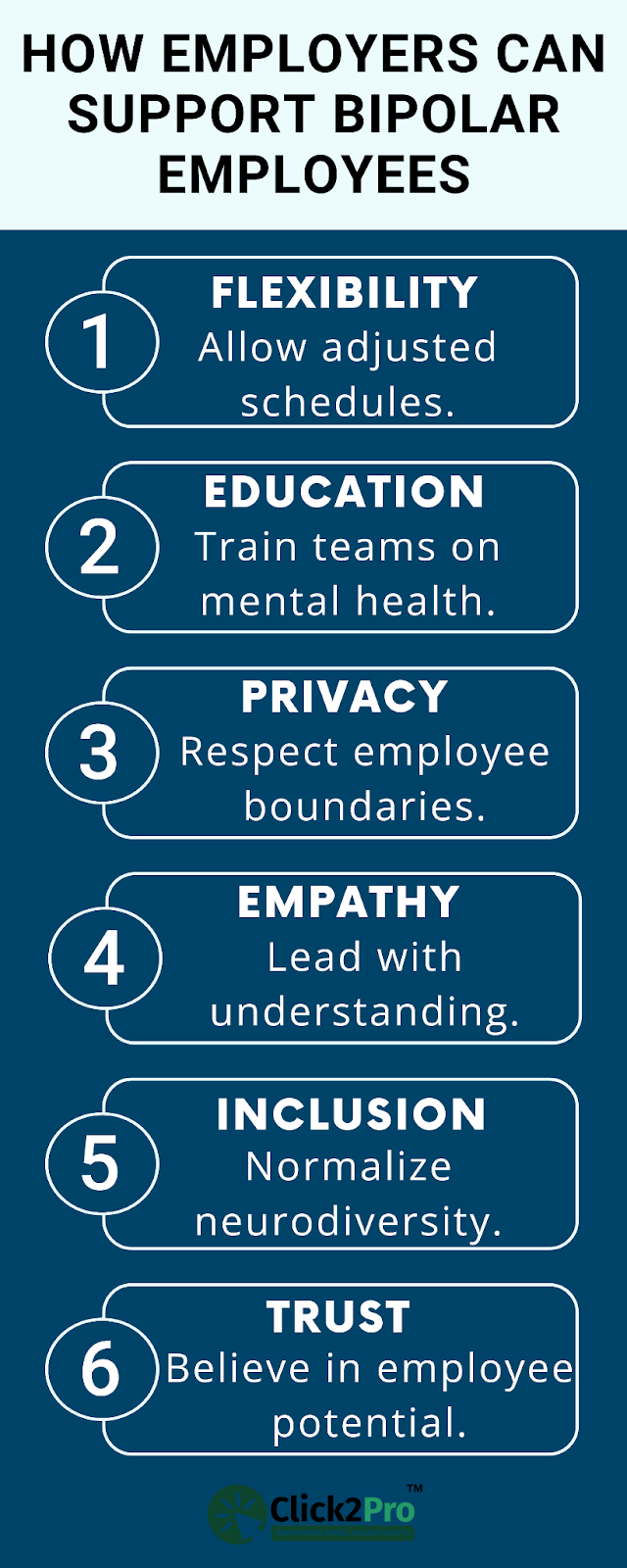 Infographic with 6 ways employers can support bipolar employees in the workplace.