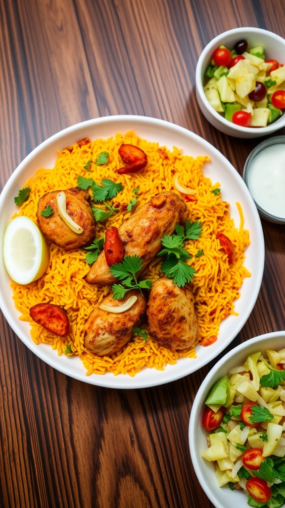 A vibrant plate of Chicken Biryani with saffron rice and spiced chicken, garnished with fried onions and herbs, served with yogurt raita.