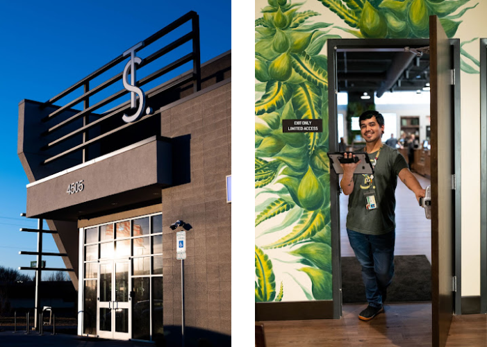 The bright sunset reflects off The Source cannabis dispensary's front doors. | A smiling budtender holds open a door to The Source cannabis dispensary’s sales floor.