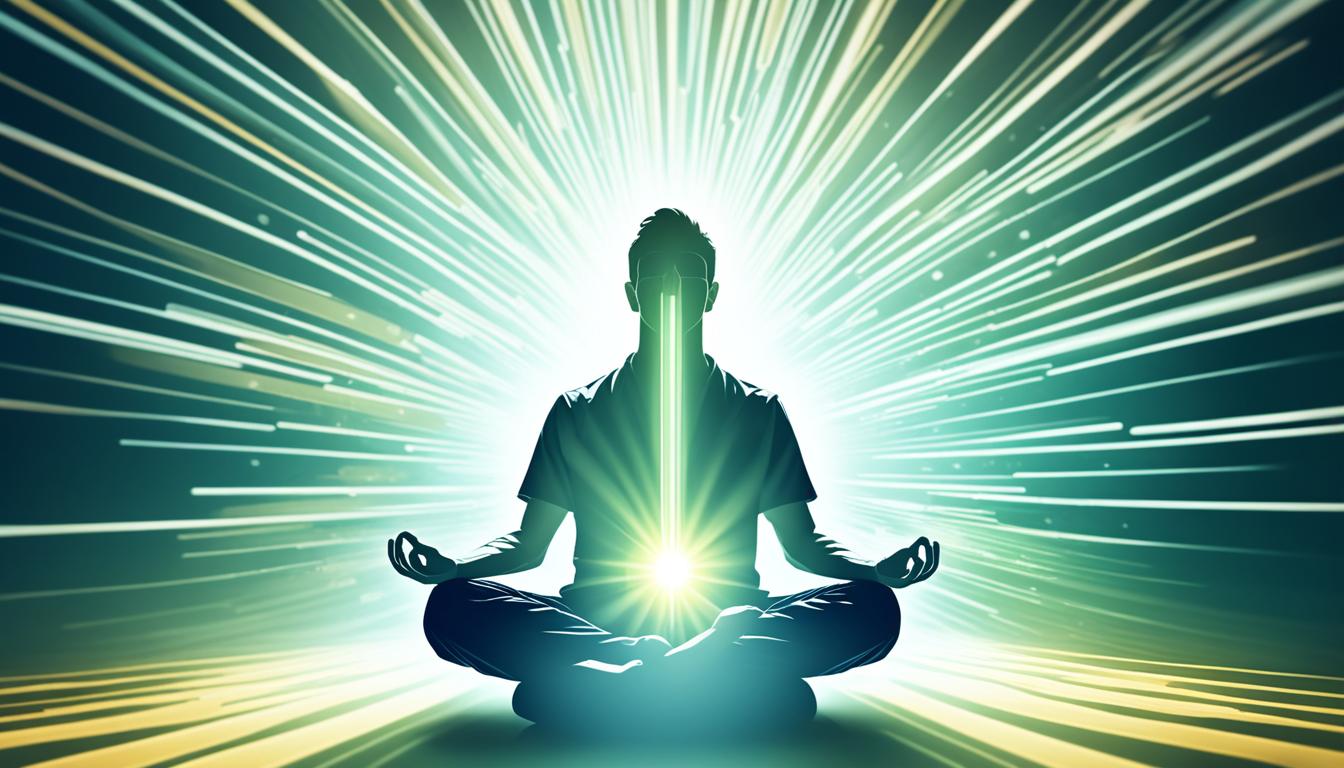 An image of someone meditating in a peaceful environment surrounded by rays of light, representing the power of visualization techniques. The person should have closed eyes and be sitting crossed-legged with their hands resting on their knees. In the background, there should be a faint image of lost items, such as keys or a phone, appearing in the rays of light as if being found through the power of manifestation.