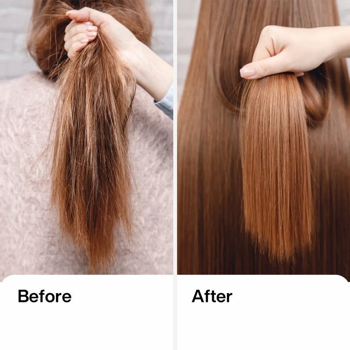 El cabello de una mujer antes y después de usar una plancha de titanio