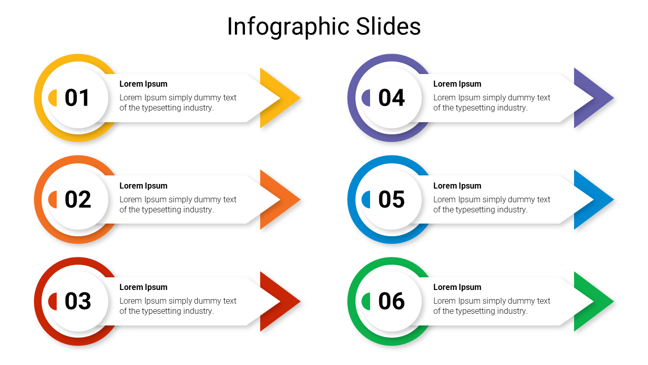 Infographic slide with six colorful arrow designs, numbered 01 to 06, containing text descriptions for each step.