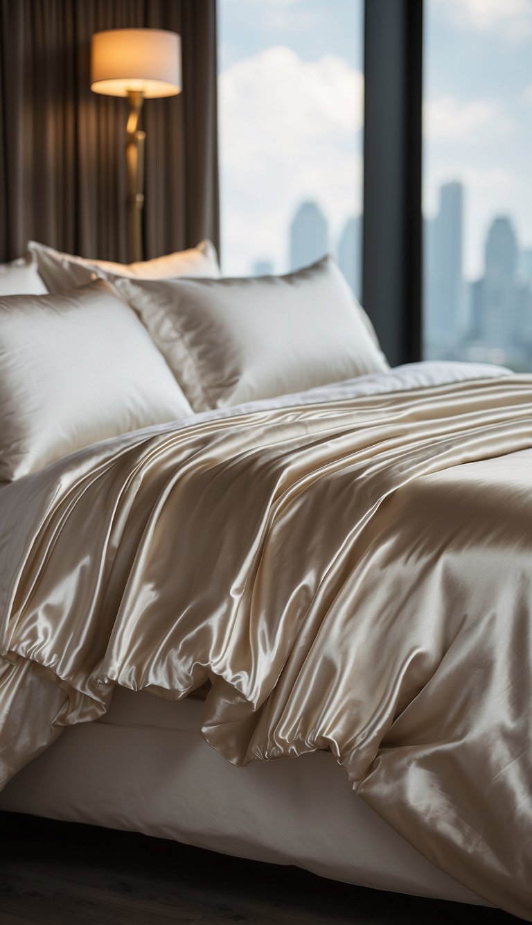 Luxurious satin sheets draped over a king-sized bed, with soft lighting and elegant decor