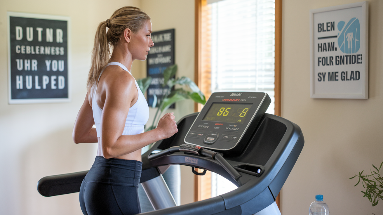 Create a realistic image of a white female fitness trainer demonstrating incline walking on a treadmill, viewed from the side, with a digital display showing calories burned and time elapsed, in a well-lit home gym setting with motivational posters on the wall, and a water bottle nearby.
