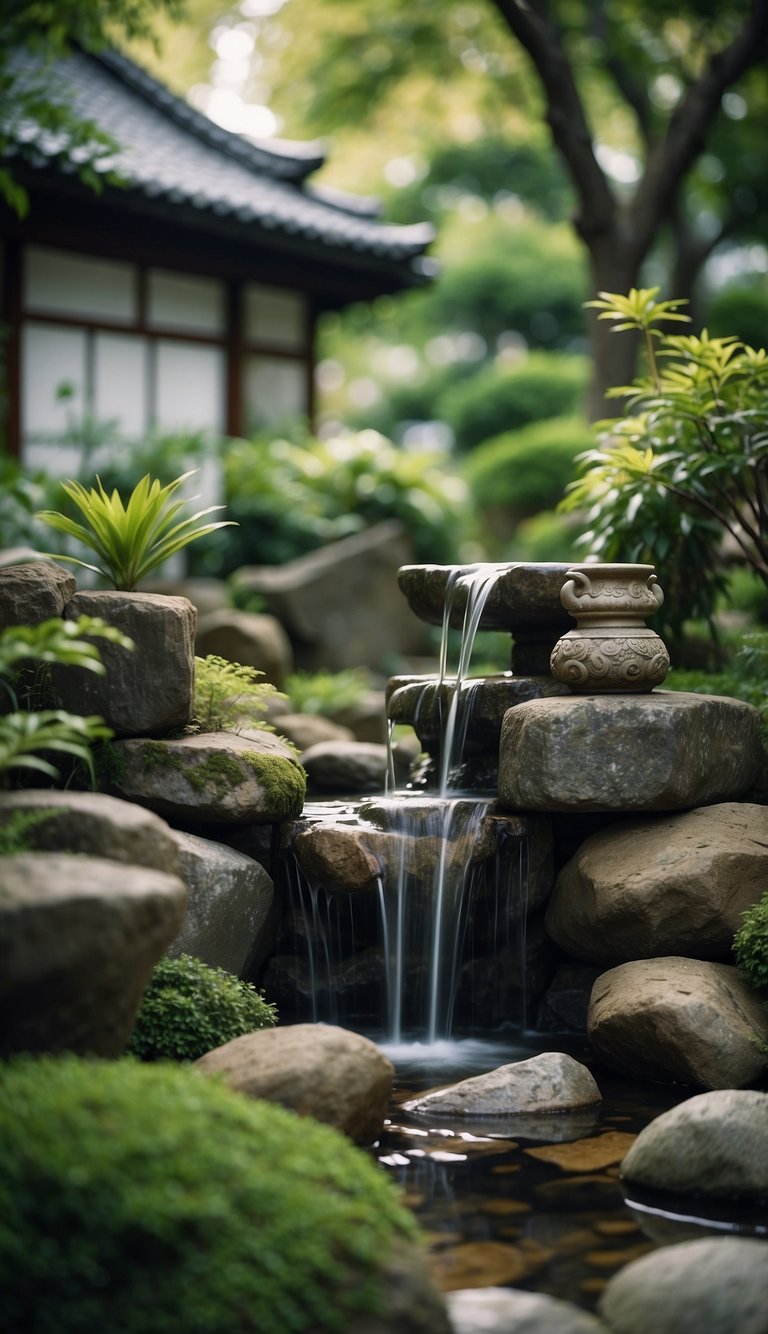 A traditional Japanese garden features a Shishi-odoshi water fountain, surrounded by carefully placed rocks, lush greenery, and a serene atmosphere