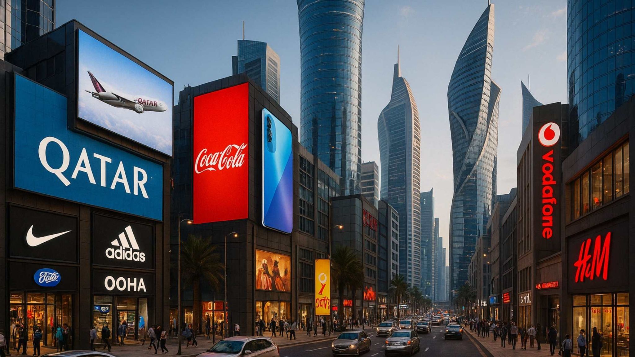 Vibrant street view featuring Outdoor Digital Display Qatar with leading global brands like Qatar Airways, Coca-Cola, Nike, and Vodafone across high-rise commercial buildings.