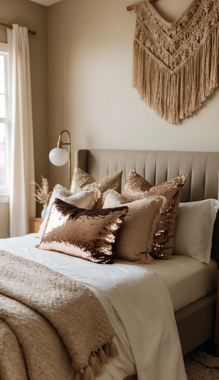 A cozy boho bedroom with sequin accent pillows, warm lighting, and natural textures