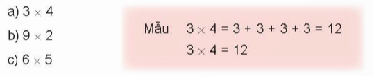 BÀI 71 ÔN TẬP PHÉP NHÂN, PHÉP CHIAI.LUYỆN TẬP 1Câu 1: Tìm phép nhân thích hợp. Đáp án chuẩn:Câu 2: Viết tích thành tổng rồi tính (theo mẫu).Đáp án chuẩn:a) 3 × 4 = 3 + 3 + 3 + 3 = 12b) 9 × 2 = 9 + 9 = 18c) 6 × 5 = 6 + 6 + 6 + 6 + 6 + 6 = 30Câu 3: Số? Đáp án chuẩn:Câu 4: Mỗi chùm có 5 quả dừa. Hỏi 4 chùm dừa như vậy có bao nhiêu quả? Đáp án chuẩn:4 chùm là dừa có 20 quả.Câu 5: Liên hoan tết Trung thu, cô giáo mua về cho lớp 15 hộp bánh. Cô chia đều bánh cho 5 tổ. Hỏi mỗi tổ được mấy hộp bánh? Đáp án chuẩn:Mỗi tổ có 3 hộp bánh.II.LUYỆN TẬP 2Câu 1: Số? Đáp án chuẩn:Câu 2: Mỗi con ong sẽ đậu vào bông hoa nào? Đáp án chuẩn:Câu 3: Số? Đáp án chuẩn:Câu 4: Mỗi đợt thi múa rồng có 2 đội tham gia. Hỏi 4 đợt thi múa rồng như vậy thì có bao nhiêu đội tham gia? Đáp án chuẩn:4 đợt thi múa rồng có 8 đội tham gia.Câu 5: Bác thợ mộc cưa một thanh gỗ dài 20 dm thành 5 đoạn bằng nhau. Hỏi mỗi đoạn dài bao nhiêu đề-xi-mét?Đáp án chuẩn:Mỗi đoạn dài 4 dm.III.LUYỆN TẬP 3