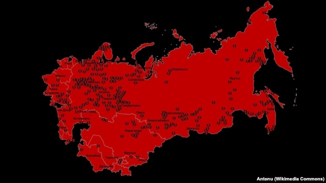 Мапа розташування концтаборів ГУЛАГу