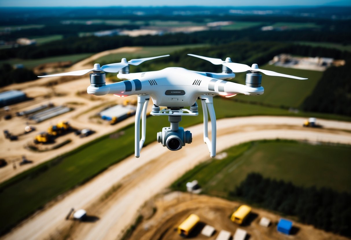 A drone hovers over a construction site, capturing detailed aerial images for mapping and surveying purposes. The landscape below is dotted with machinery and workers, showcasing the impact of drone technology on land and construction projects