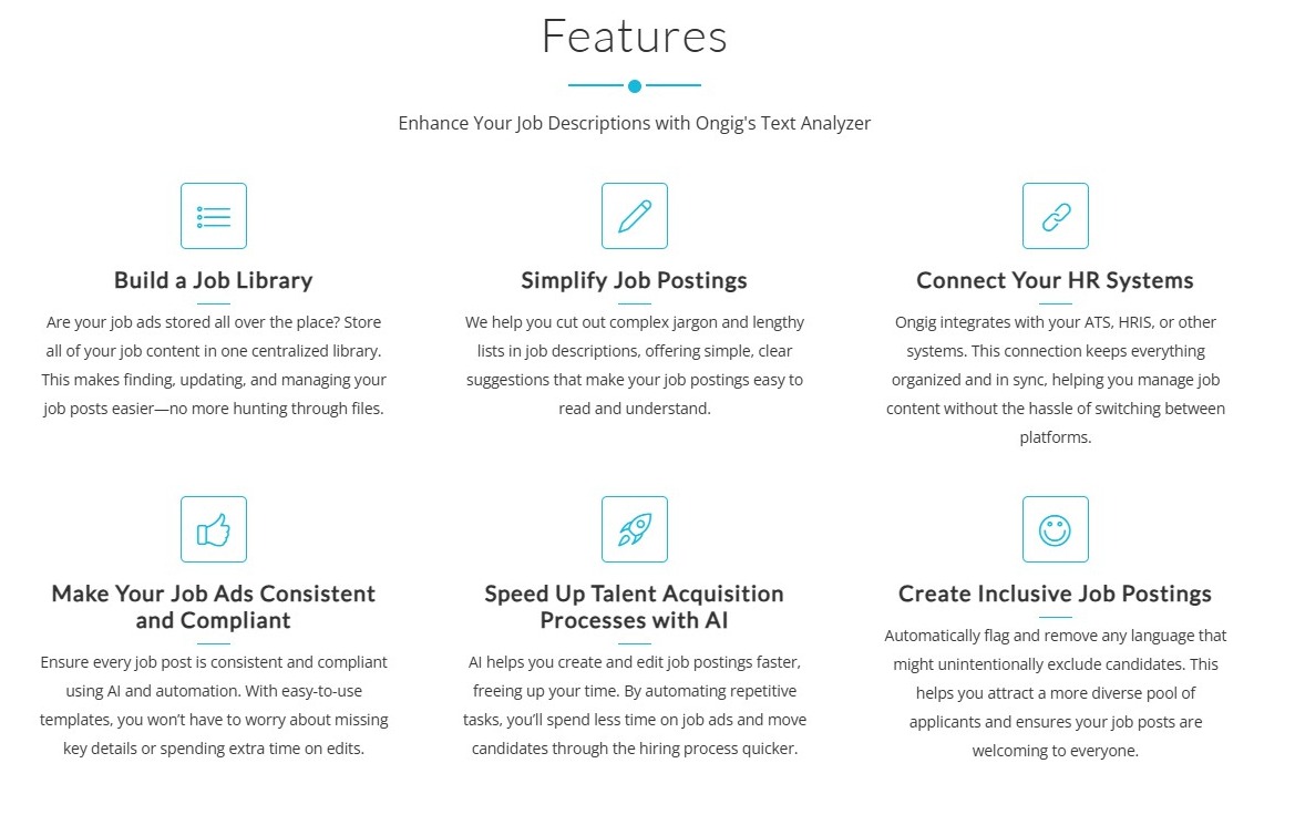 List of features found on Ongig's homepage.