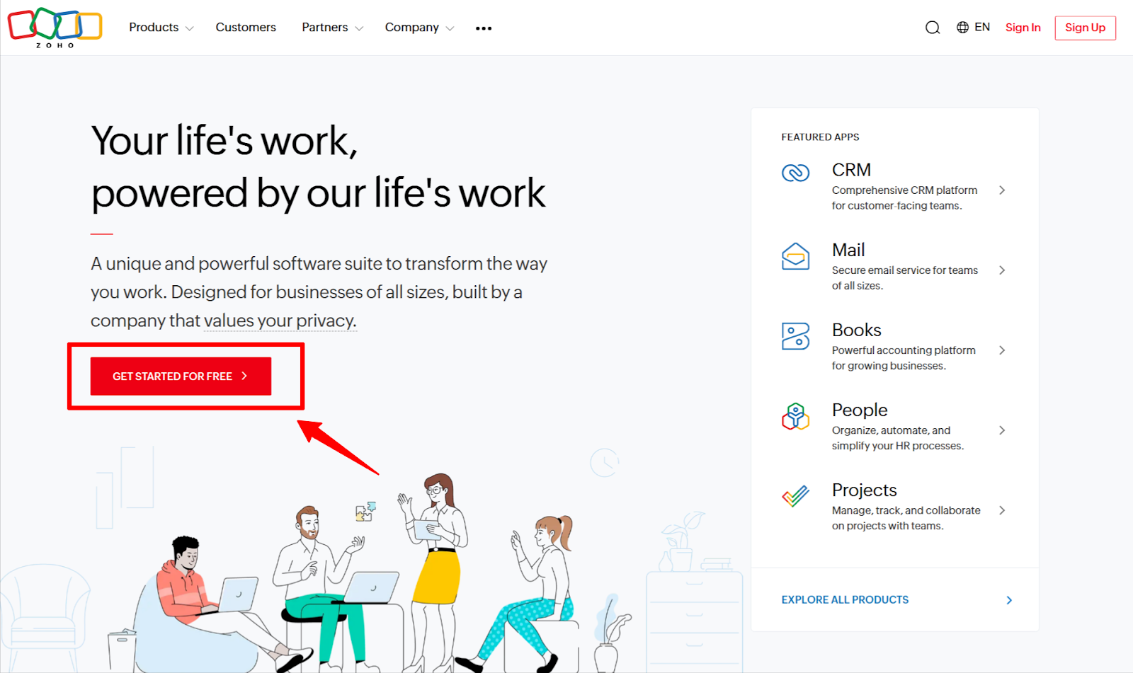 Zoho homepage highlighting its value of privacy. Features include CRM, Mail, Books, and People apps. A "Get Started for Free" button is prominent, with illustrations of people collaborating.