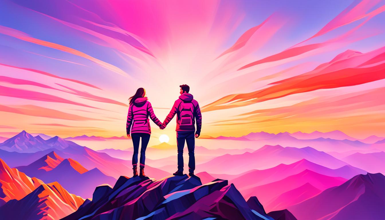 A couple standing on top of a mountain, holding hands and gazing at the sunset. The sky is painted with shades of pink and orange, symbolizing love and passion. The mountain represents the journey one must take to manifest love, with its steep slopes and rocky paths, but reaching the top signifies success. The couple is dressed in comfortable clothes, showing that love should feel easy and effortless. In the background, there are small hearts floating in the air, representing the love energy that surrounds them.