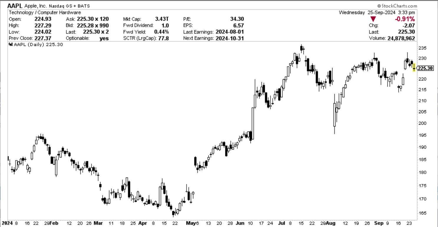 A candlestick chart of Apple's stock performance. 