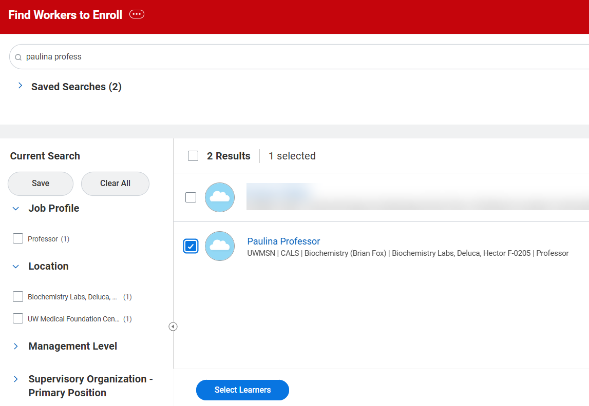 Workday image showing find workers to enroll screen and highlighting the select learners button at the bottom