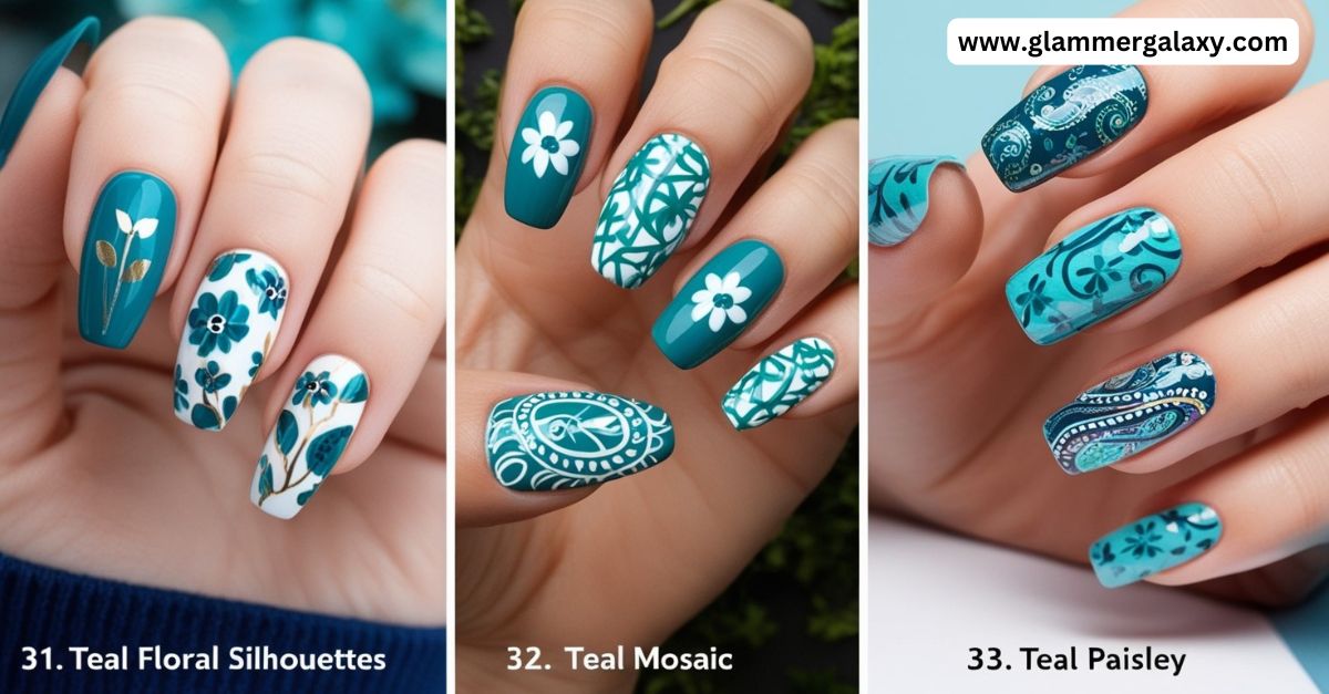 Three sets of nails with teal designs, labeled 31 to 33, featuring floral, mosaic, and paisley patterns.