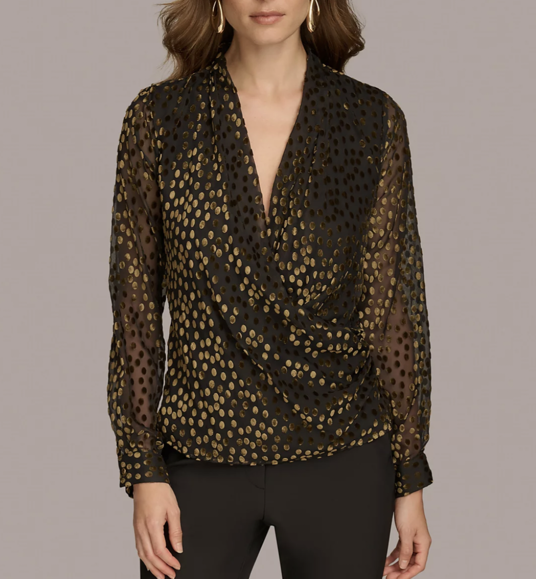 Donna Karan New York Long-Sleeve Burnout Velvet Faux-Wrap Top