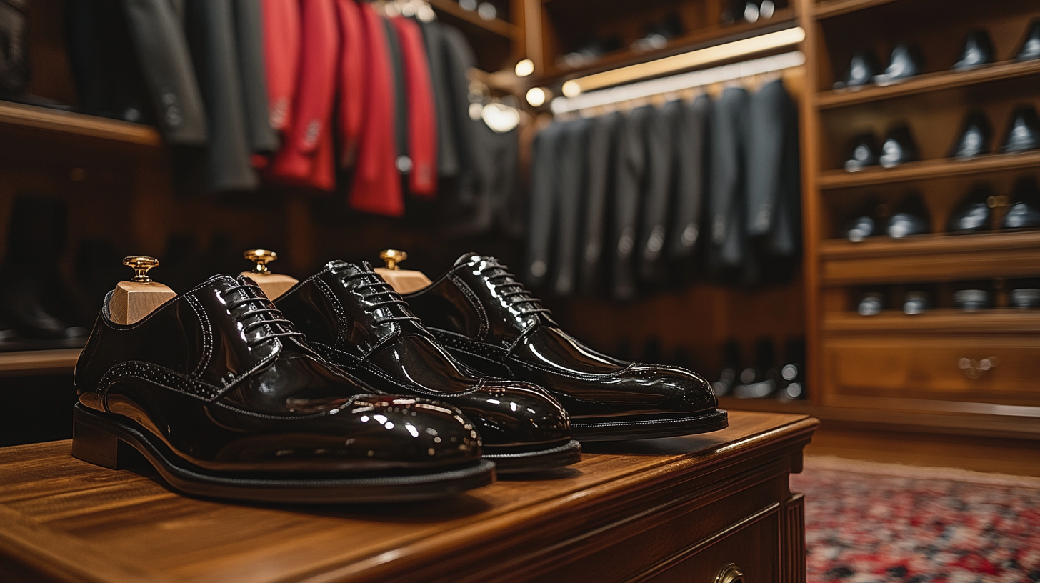 Classic black shoes, polished to perfection, displayed in front of a wardrobe full of black suits and red shirts hanging.