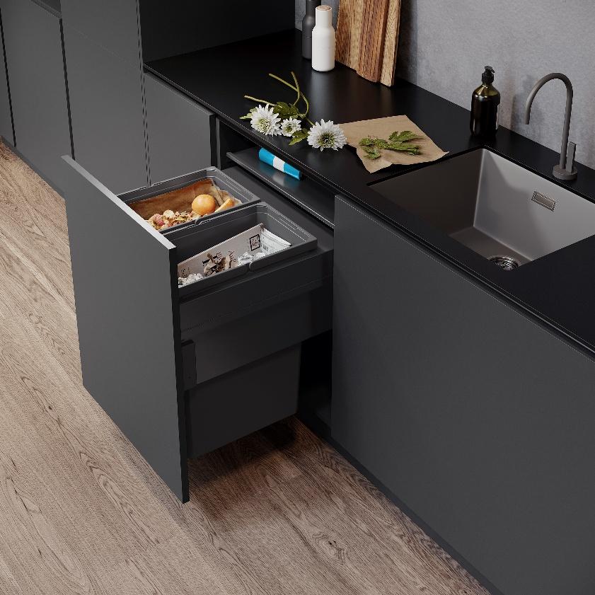 A black kitchen with a sink and a drawer

AI-generated content may be incorrect.