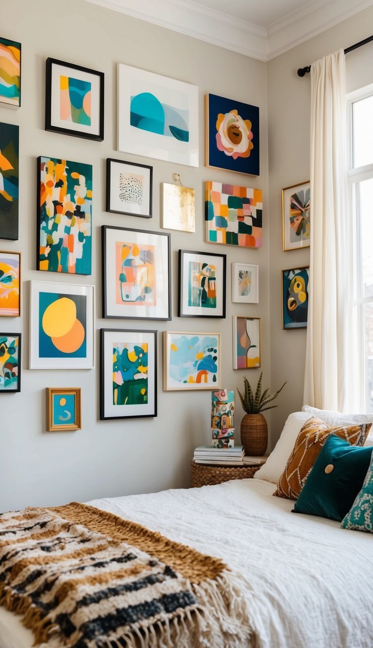 An eclectic art gallery wall adorns a boho bedroom, featuring a mix of paintings, prints, and sculptures in various styles and sizes