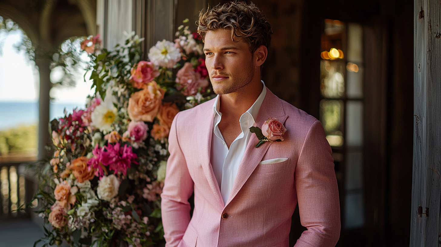 
A stylish groom wearing a tailored pink suit, available in both pastel pink and bold fuchsia tones, paired with a crisp white shirt and complementary accessories. The setting is a wedding venue with romantic decor: floral arrangements, soft lighting, and an elegant backdrop. The pink suit exudes confidence and individuality, creating a sophisticated yet playful vibe. The groom's pose is confident, radiating charm and modernity. Photorealistic, sharp details, with a warm and celebratory atmosphere.