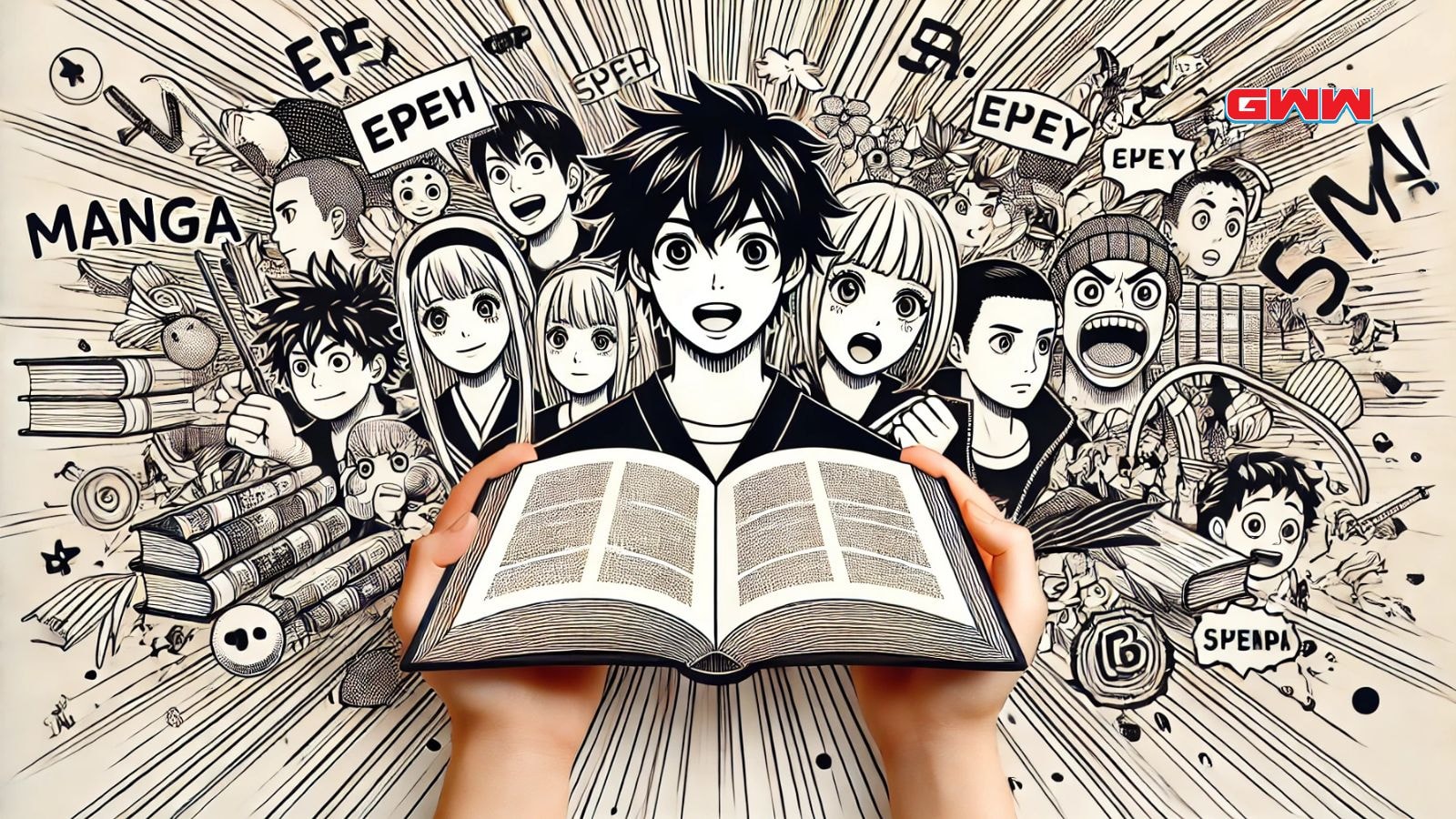 A wide image that visually represents the concept of manga in simple terms. 