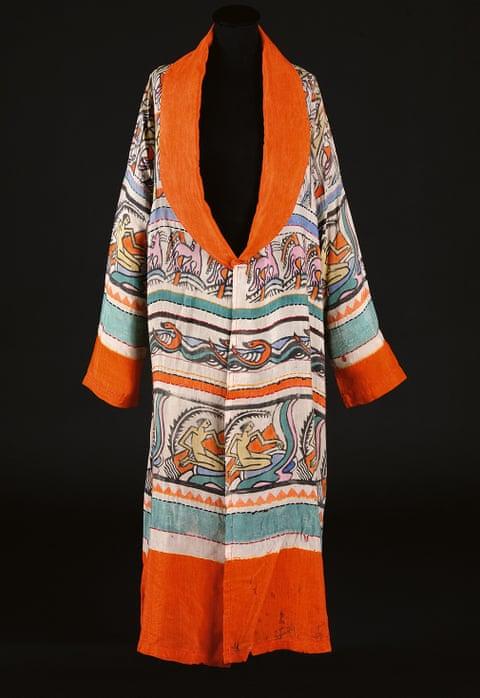 Long robe block-printed with an art deco crouching figure and patterns reminiscent of Grecian-urn friezes