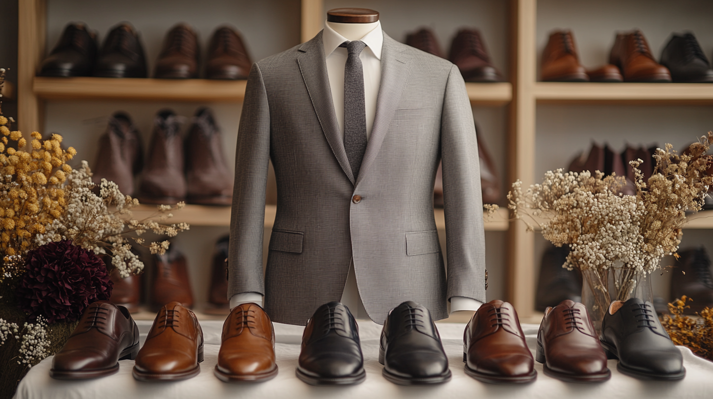 A men's gray suit, neatly laid flat on a soft, slightly flowing white fabric, creating a serene and balanced composition. The suit, paired with a grey pant is surrounded brown shoes, burgundy shoes, navy shoes, and black shoes. Aesthetic elements like dried flowers add a refined touch. The scene is softly illuminated with cool white lighting, casting gentle shadows that enhance the minimalist, sophisticated vibe.