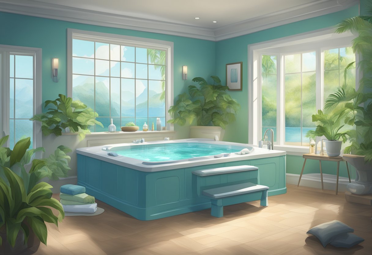 A serene spa room with a large hydrotherapy tub surrounded by calming blue and green decor, soft lighting, and the sound of trickling water