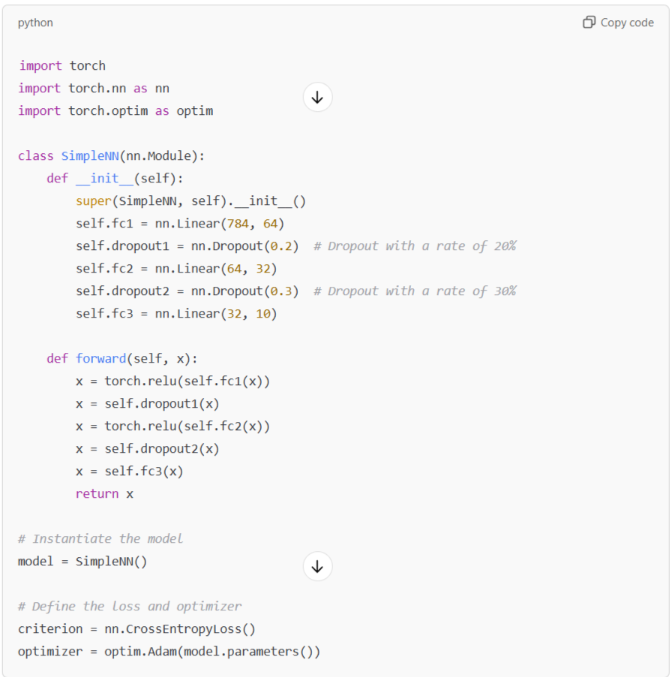 Example code for dropout in PyTorch neural network