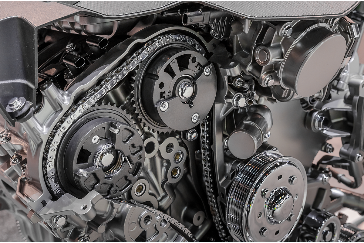 Timing chain or belt ensures that the crankshaft and camshaft rotate in sync so that the valves open and close at the correct time during the combustion process.