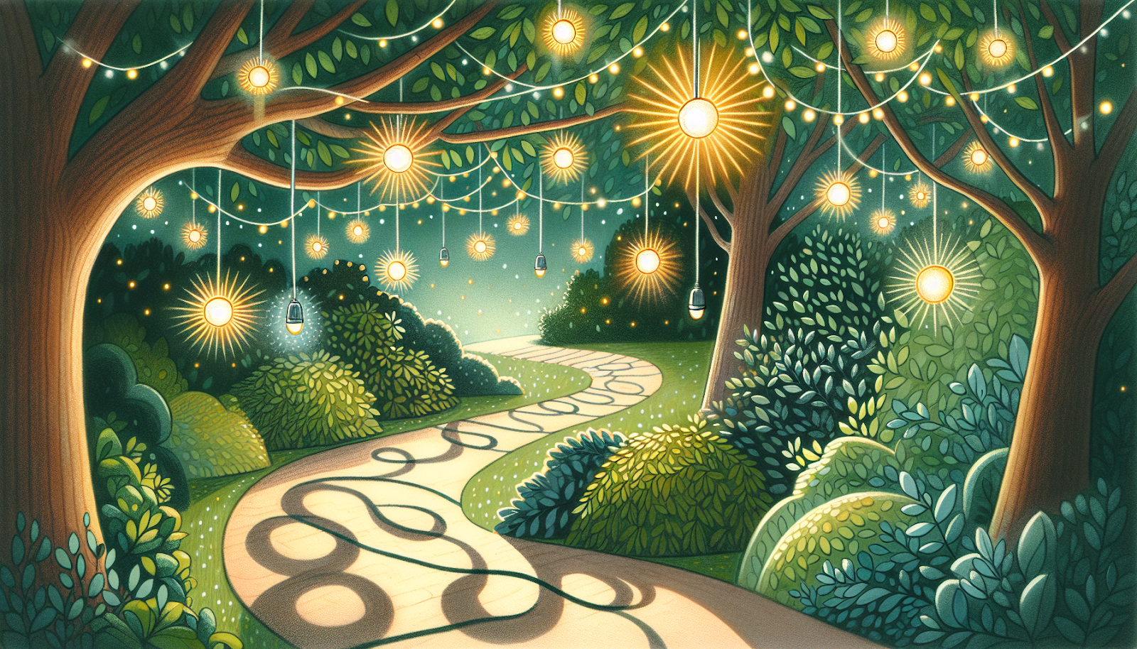 Solar-powered lights illuminating a garden path