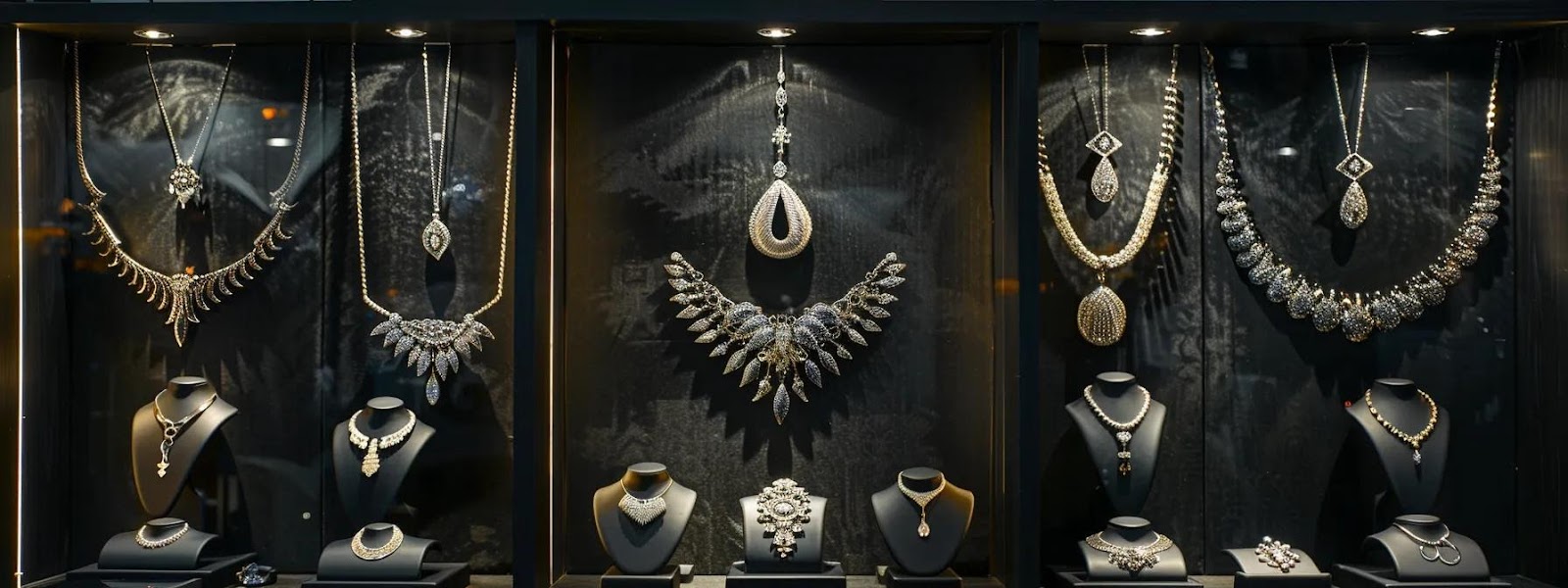 a meticulously arranged display of personalized jewelry pieces, showcasing elegant sterling silver and opulent gold designs on a sleek, modern black velvet background in a contemporary jewelry studio, emphasizing the beauty and versatility of the materials.