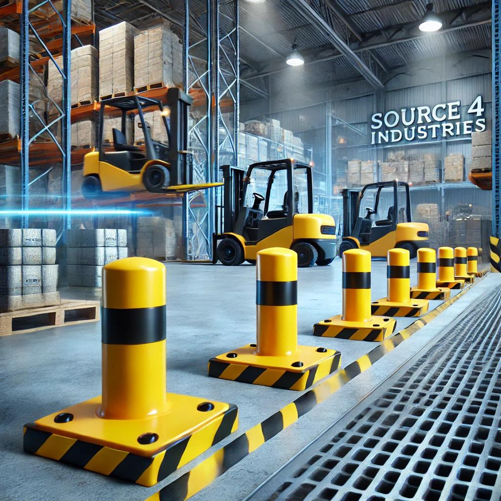 DALL·E 2024-11-14 23.23.52 - A professional and informative illustration showing how industrial bollards can prevent costly equipment damage in a warehouse or industrial setting. .jpg