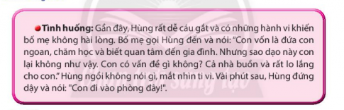 CHỦ ĐỀ 4. CHĂM SÓC GIA ĐÌNH CỦA EMHoạt động 1: Tìm hiểu và thực hiện kĩ năng chăm sóc người thân bị mệt, ốm.Câu 1: Thảo luận về cách quan tâm, chăm sóc người thân bị mệt, ốmĐáp án chuẩn:- Lắng nghe, thấu hiểu nhu cầu được quan tâm, chăm sóc của người thân- Sử dụng lời nói để mang tới tinh thần lạc quan, tích cực- Giúp người thân có suy nghĩ tích cựcCâu 2: Thể hiện lời nói và hoạt động khi người thân bị mệt, ốm ở các hình sau: Đáp án chuẩn:Tình huống 1: Lời nói:  Bố có cảm thấy mệt không? Con sẽ giúp bố nhé, rót nước cho bố uống và xoa bóp giúp bố.