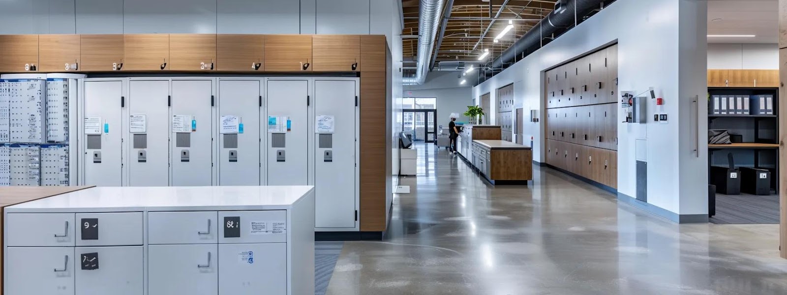 a sleek, modern office space showcases a row of sturdy, high-quality lockers with visible price tags and customer review stickers, highlighted by bright, focused lighting to emphasize their durability and affordability.