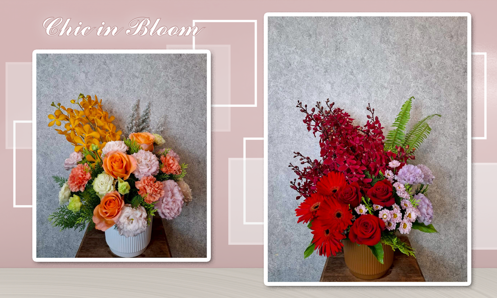Chic floral arrangement in F224-14 pleated orchid pot with ink-style fish backdrop