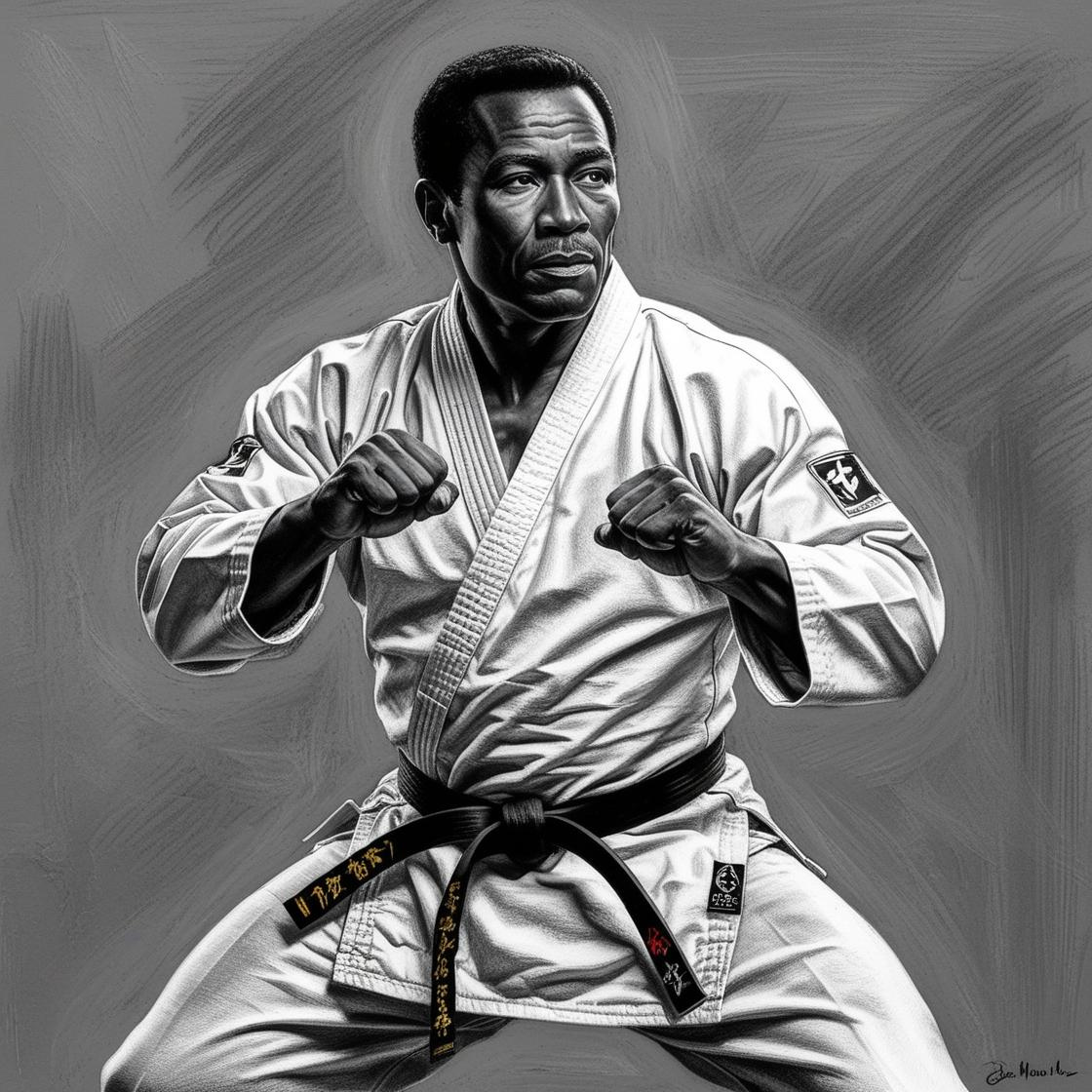 A sketch of Grandmaster Moses Powell in a martial arts stance