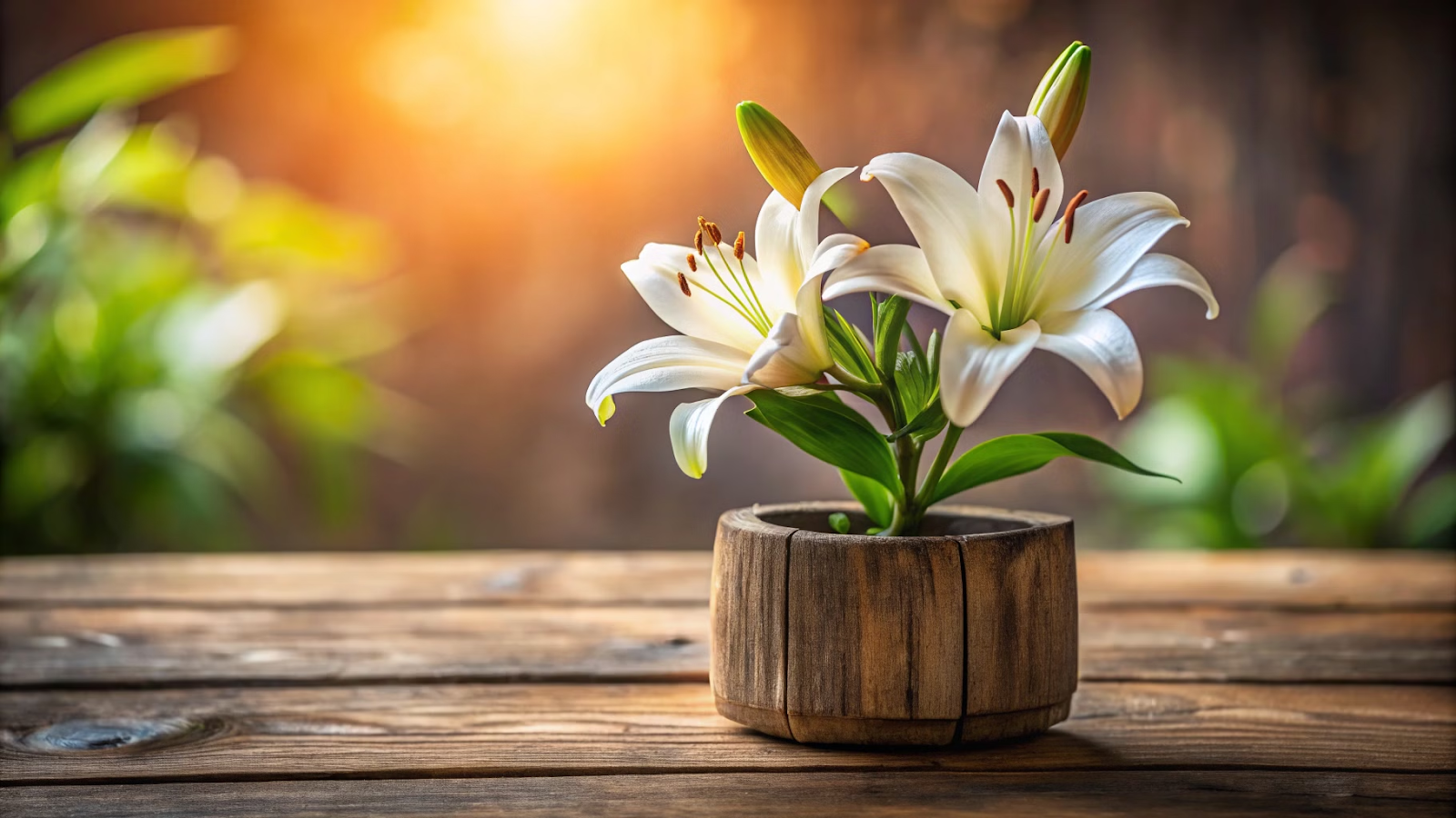 Açucena flor em um vaso sobre uma mesa de madeira rústica com pouca profundidade de campo.