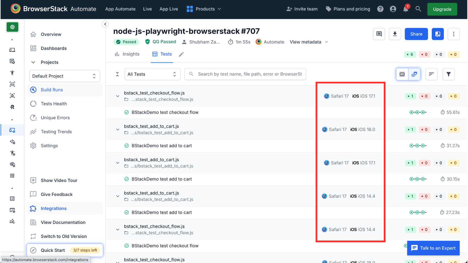 BrowserStack Automate dashboard displaying multiple Playwright tests running simultaneously on real iOS Safari devices.